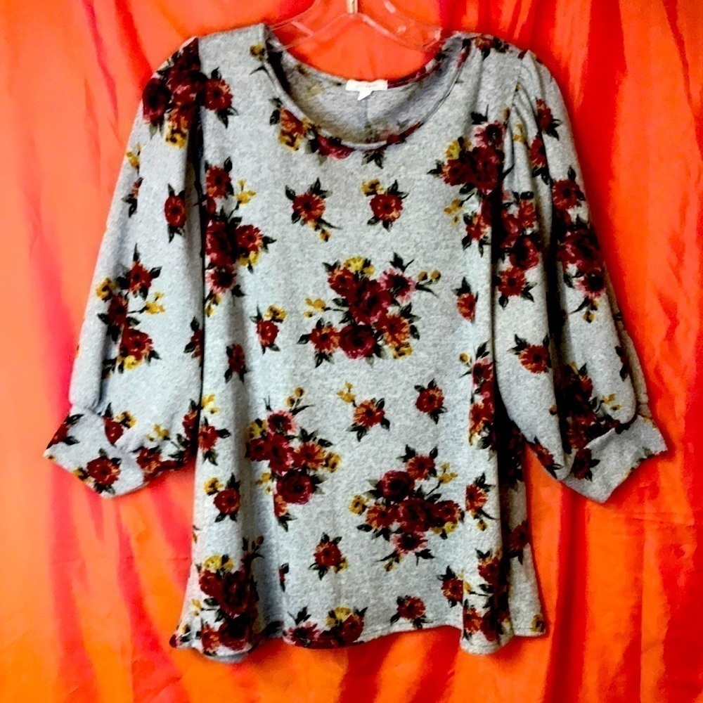 AVA James Women’s Floral Sweater Gray Red Size XL Puffy 3/4 Sleeve Lightweight